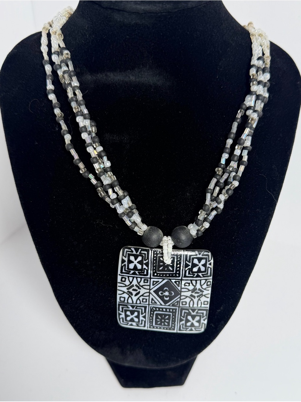 Boho Black & White Multi-Strand Statement Necklace – Tribal Tile Pendant